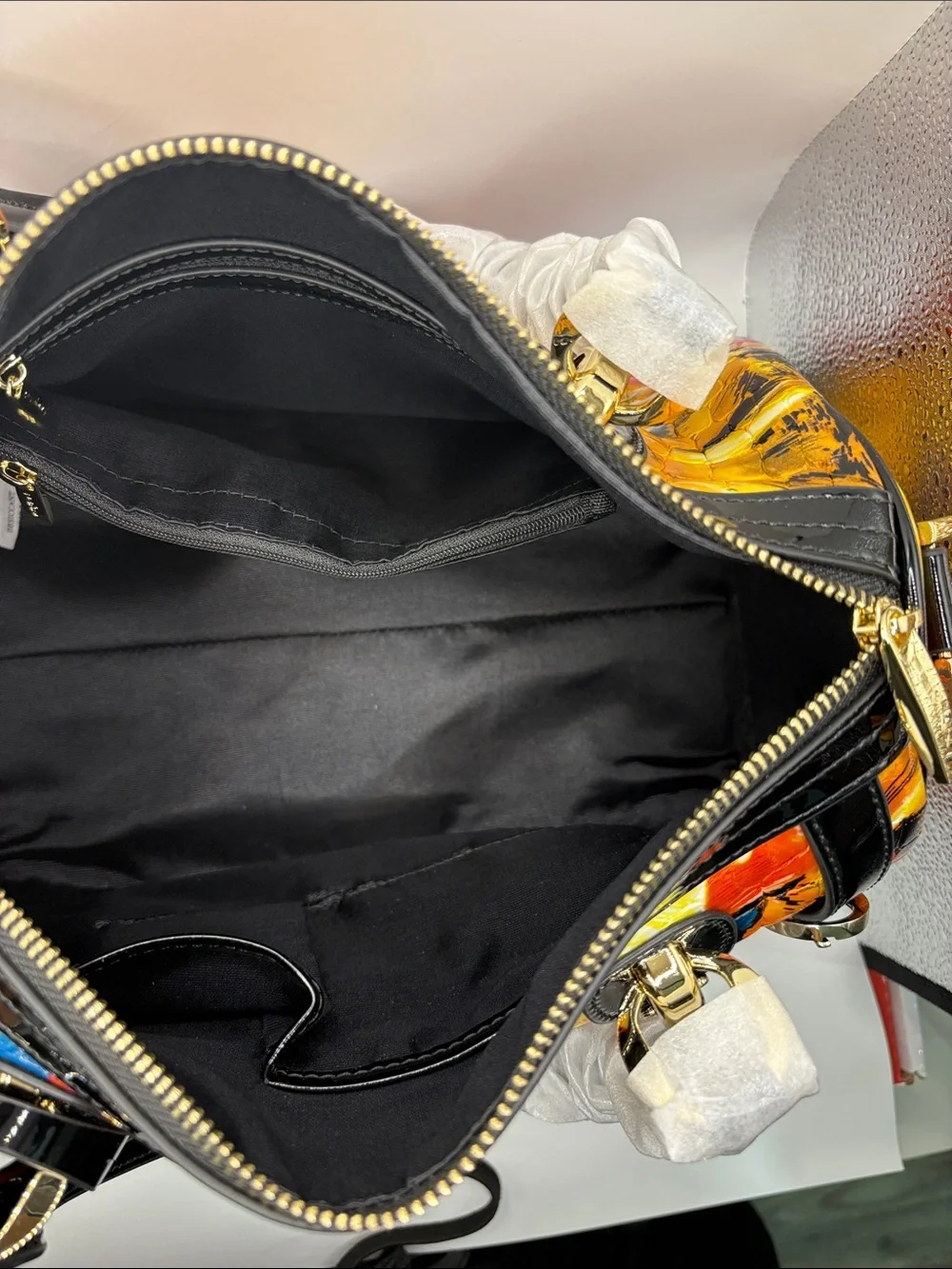 Multicolor Floral Patent Satchel with Black Trim